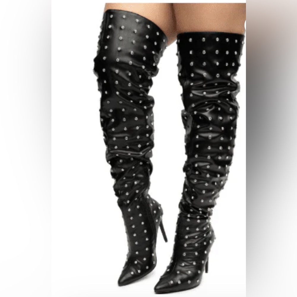 Fashion Nova Black Studded Over-the-Knee Boots - Picture 1 of 7